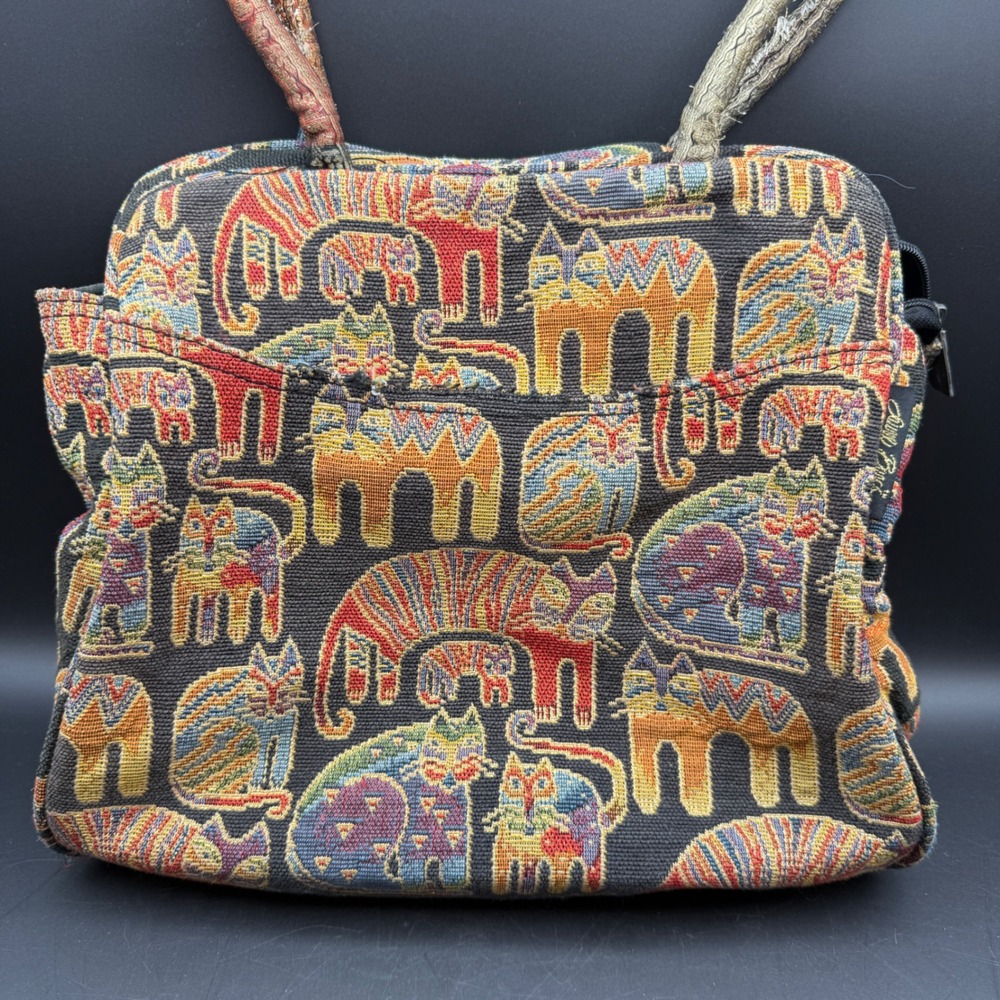 Vtg Laurel Burch Cat Tapestry Tote Handbag Women M Multi-Color Boho Western